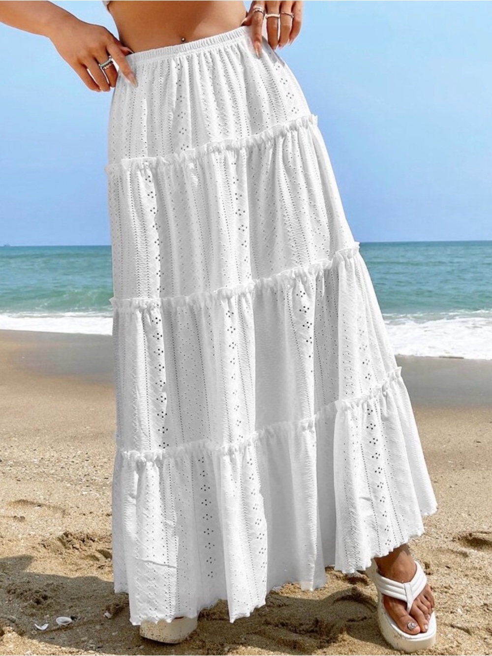 White Tiered Eyelet Maxi Skirt - Lightweight Beach Skirt
